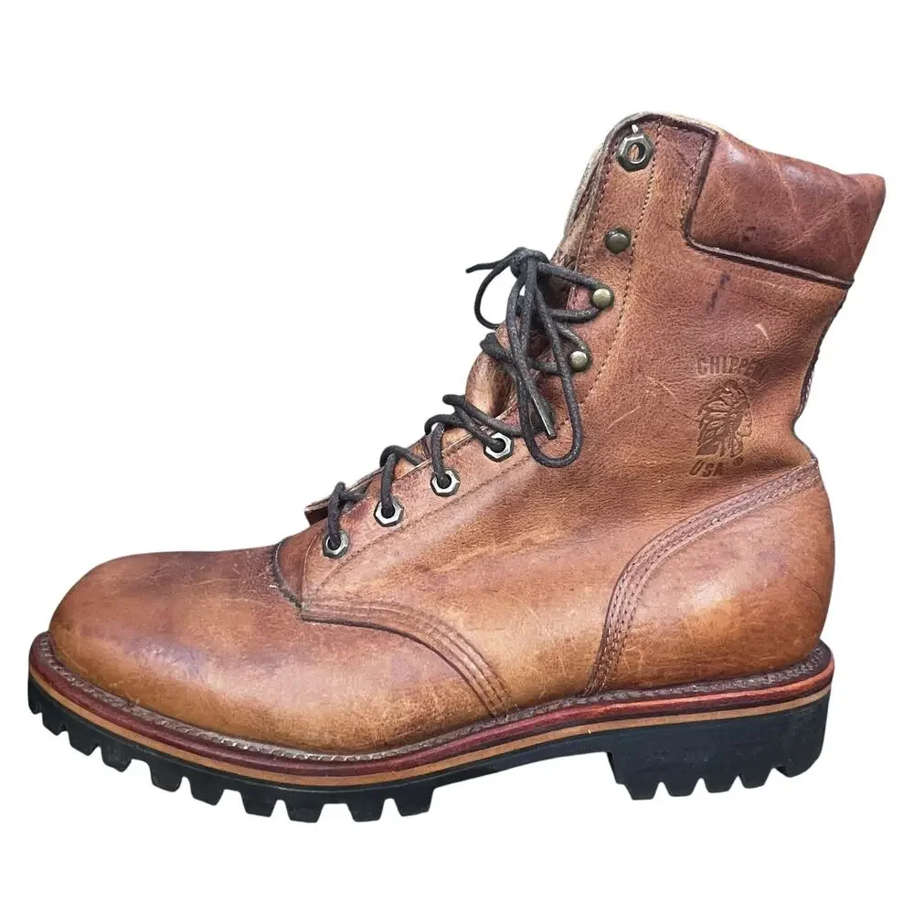 Vintage Chippewa USA Brown Leather Logger Work Boots Size 11.5 D